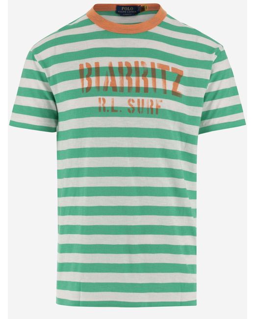 Ralph Lauren Green Cotton T-Shirt With Striped Pattern And Logo for men