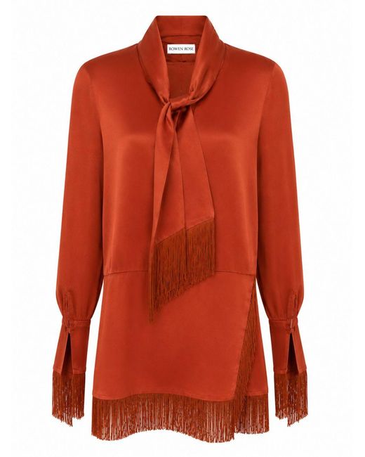 ROWEN ROSE Terracotta-Colored Satin Mini Dress With Scarf Collar And Fringes
