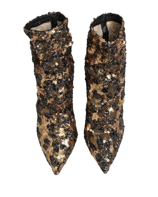 Dolce & Gabbana Gray Leopard Sequin Sock Ankle Boots Shoes Elastane Nylon Polyester