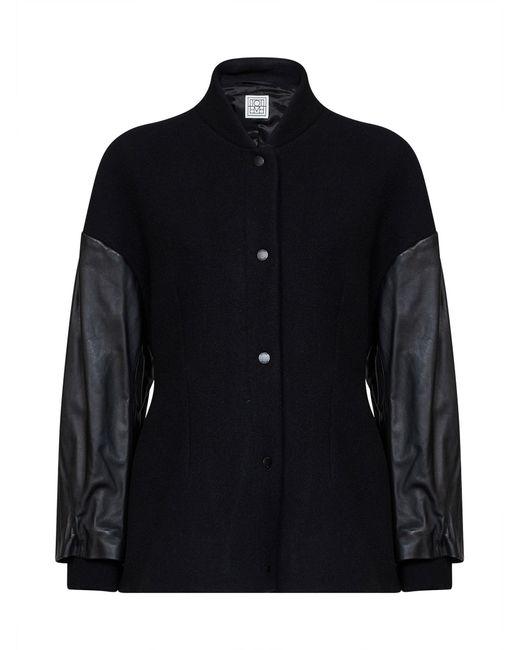 Totême  Black Wool-Blend Varsity Jacket With Leather Sleeves