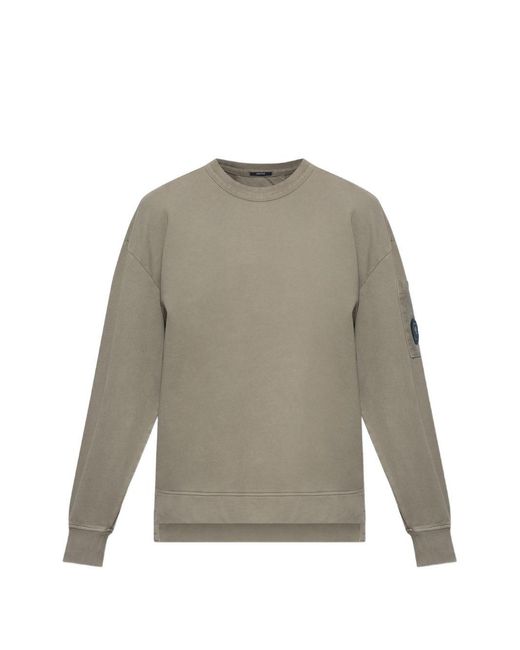 C P Company Natural Rock-Colored Brushed And Emerized Diagonal Cotton Fleece Twill Lens Crewneck Sweatshirt With Lens Detail for men