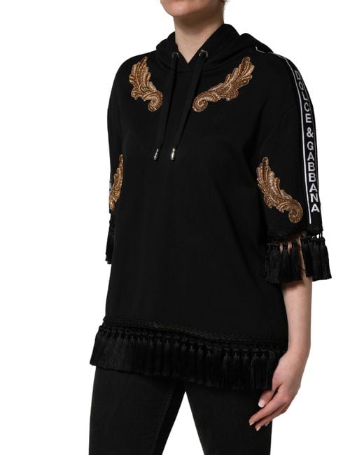 Dolce & Gabbana Black Embroidered Tassel Hooded Sweatshirt Sweater Cotton Clothing