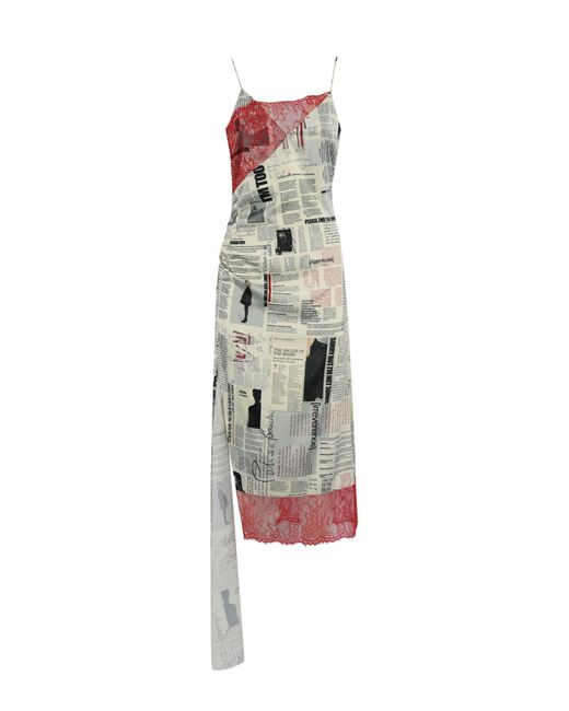 Patrizia Pepe White Asymmetrical Newspaper Print Dress With Lace