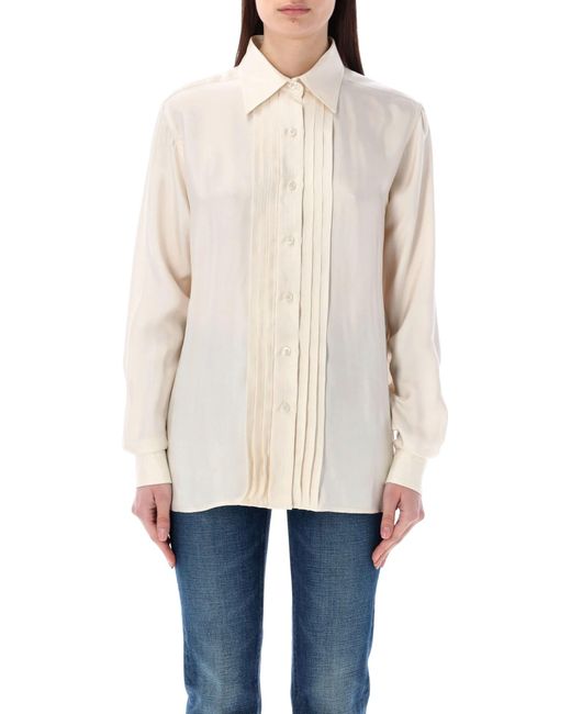 Tom Ford White Fluid Viscose Silk Twill Shirt With Plisse Plastron