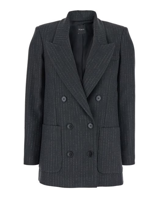 Le Plain Black Double-Breasted Jacket With Peak Revers And All-Over Striped Motif