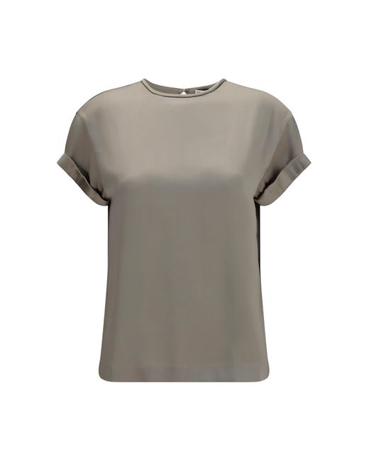Brunello Cucinelli Gray Silk Blouse With Monili Chain Elastane; T-Shirts