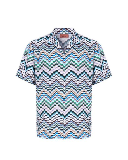 Missoni Blue Viscose Bowling Shirt With Irregular Greek-Key Zigzag Pattern for men