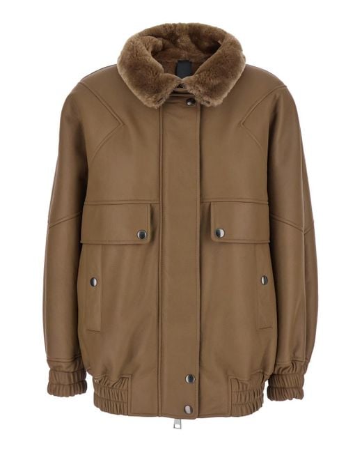 Blancha Brown Bomber Jacket With Fur Collar And Patch Pockets