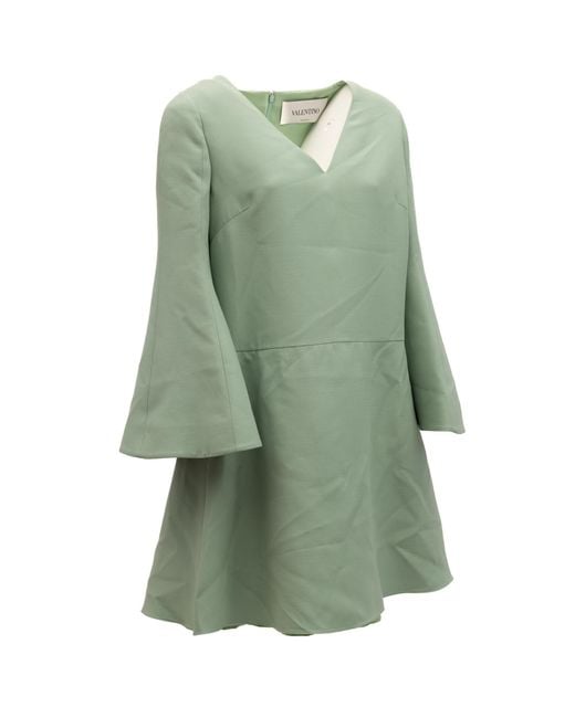 Valentino Garavani Green Sage V-Neck Dress With Bell Sleeves