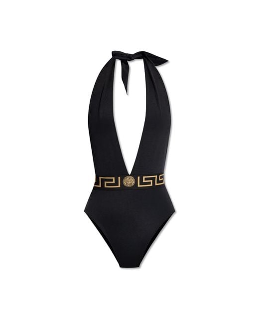 Versace Black Greca One-Piece Swimsuit With V-Neck
