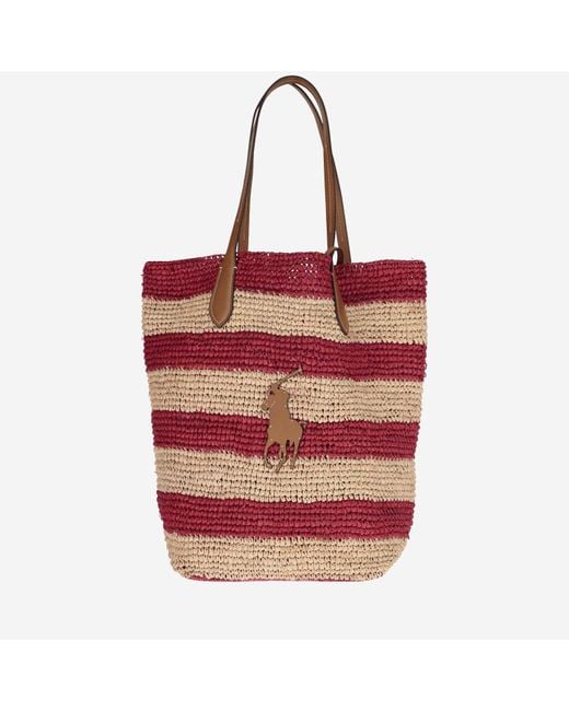 Polo Ralph Lauren Red Raffia Tote Bag With Logo Shoulder Bag