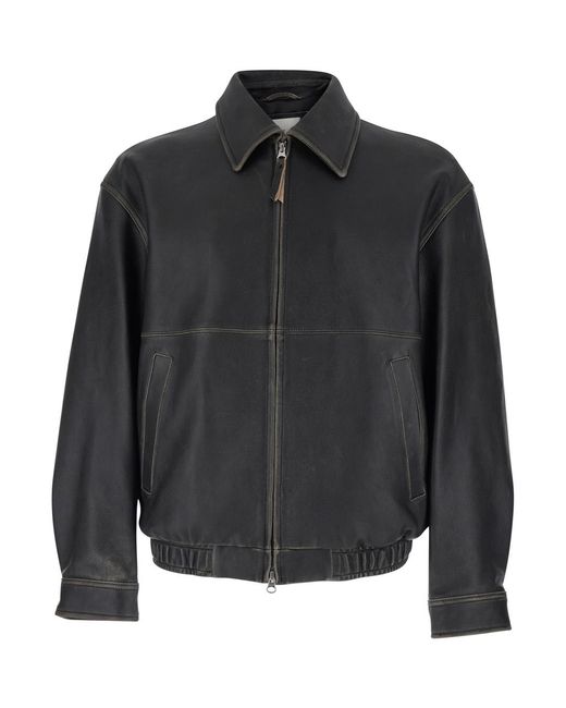 DUNST Jacket Udju6A105G3Brushedblack With Classic Collar And Leather Zip Closure For Lamb Outerwear for men
