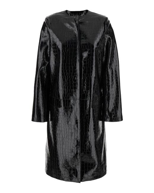 Totême Black Leather Coat With Crocodile Effect Lamb