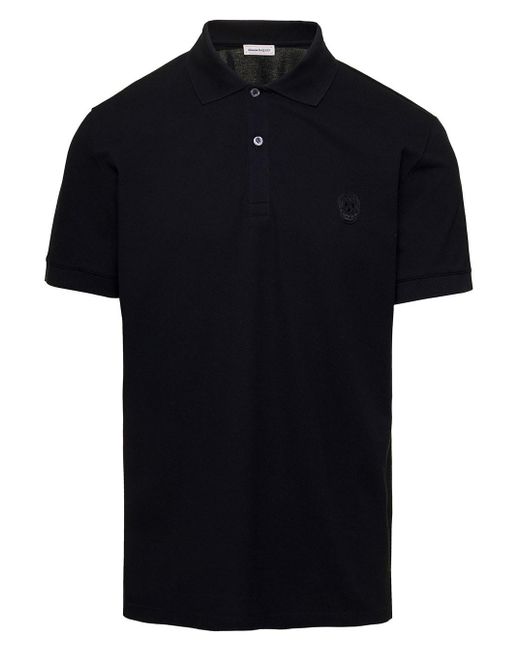 Alexander McQueen Black Polo Shirt With Tonal Skull Embroidery In Cotton for men