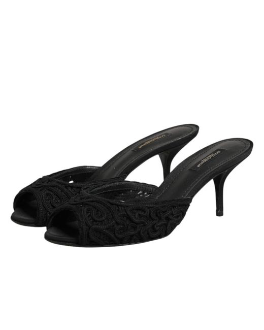 Dolce & Gabbana Black Embroidered Slip On Heels Slides Shoes Co+Pl+Vi