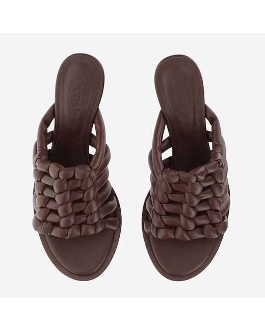 Tod's Brown Woven Leather Sandals With Medium Heel Calfskin