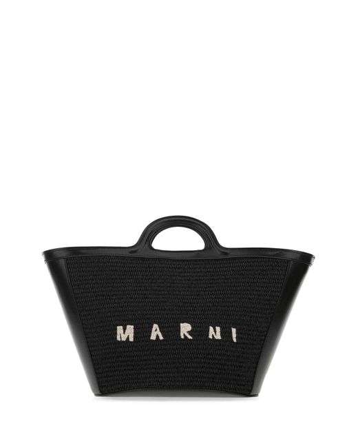 Marni Black Leather And Raffia Small Tropicalia Summer Handbag