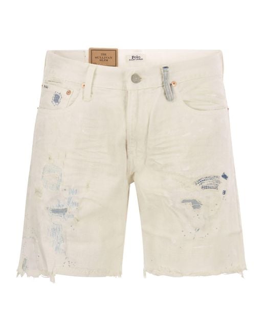 Ralph Lauren Natural Logo Patched Distressed Denim Shorts for men