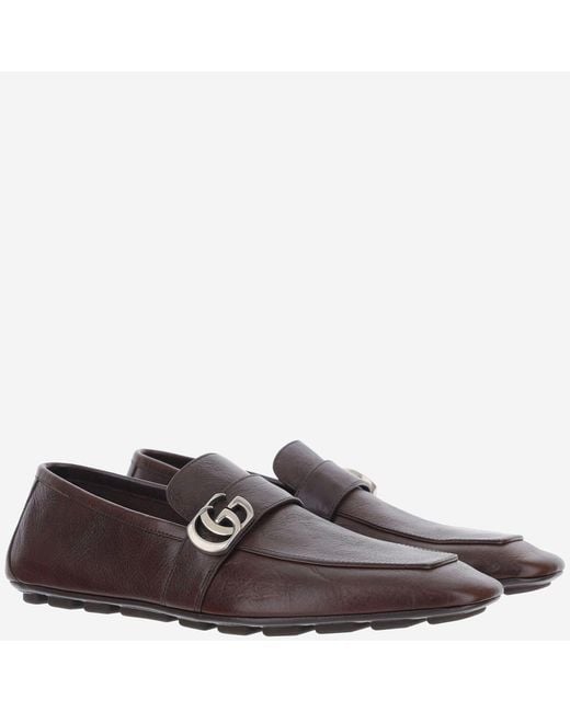Gucci Brown Leather Loafers With Logo Calf for men