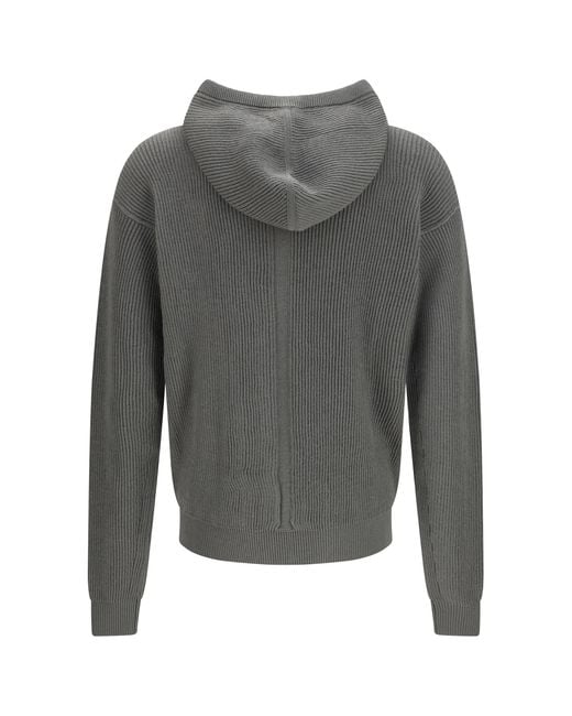 Rick Owens Gray Ribbed Virgin Wool Knit Hoodie Fleece Ovis Aries Knitwear for men