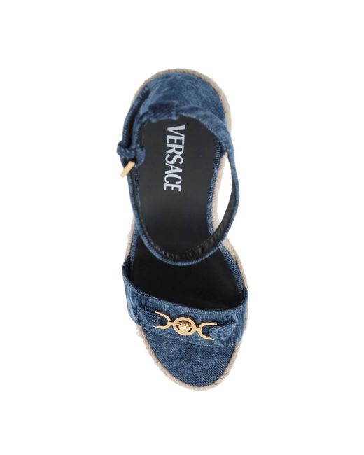 Versace Blue Denim Barocco Wedge Sandals
