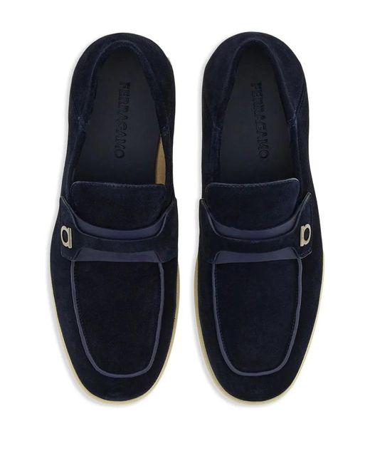 Ferragamo Blue Ferragamo Deconstructed Gancini-Detailed Suede Loafers for men