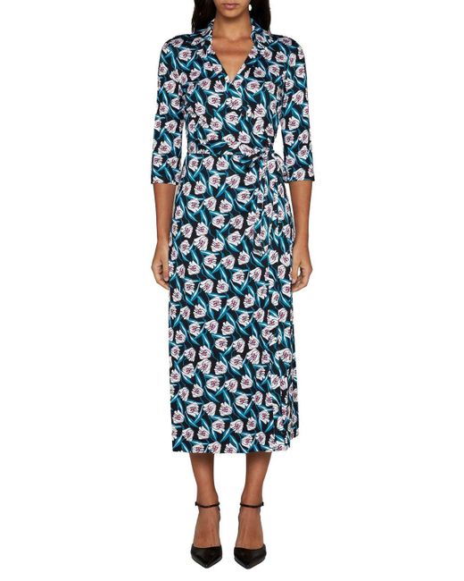 Diane von Furstenberg Blue Abigail Print Silk Midi Wrap Dress