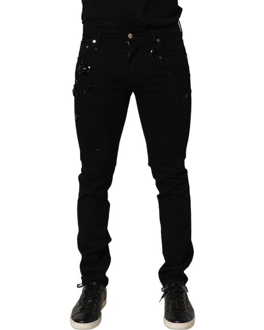 Dolce & Gabbana Black Embellished Cotton Skinny Denim Jeans Elastane Clothing for men