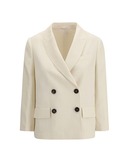 Brunello Cucinelli White Fluid Twill Jacket Viscose And Linen With Monile Viscose
