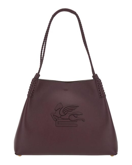 Etro Purple 'Libra' Bordeaux Big Shoulder Bag With Logo Embroidery On The Front And Braided Handles