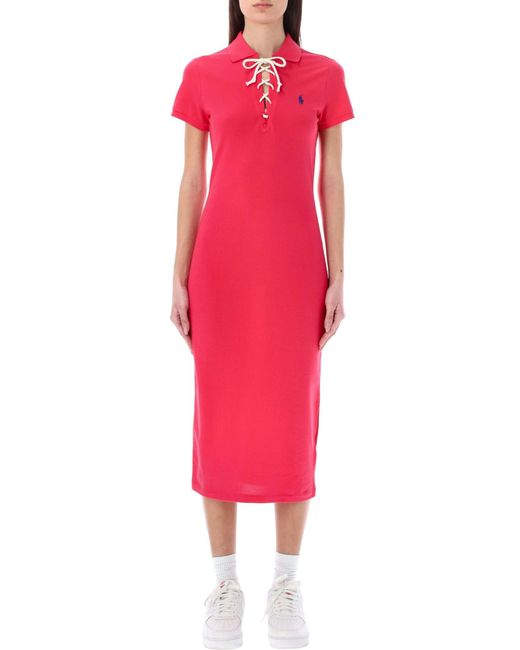 Polo Ralph Lauren Lace-up Piqué Polo Dress in Red | Lyst