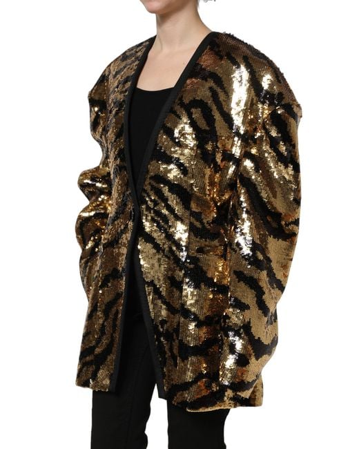 Dolce & Gabbana Black Sequin Tiger Stripe Blazer Jacket Polyester Silk Elastodiene Clothing