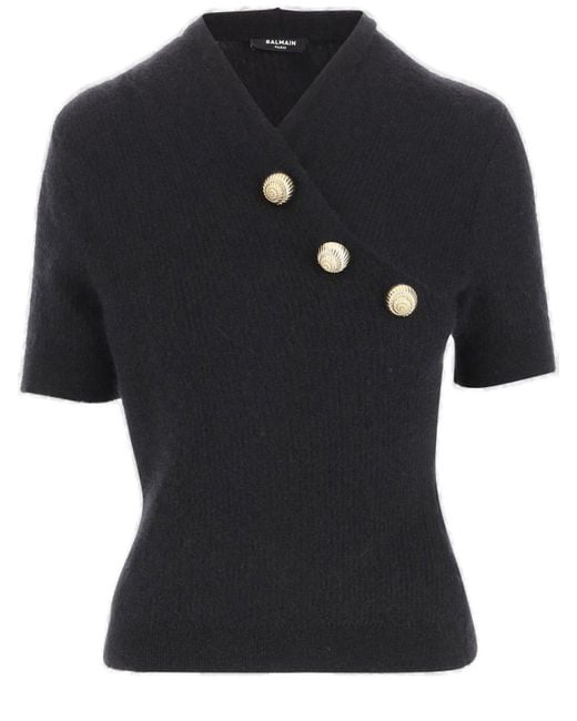 Balmain Black Button Detailed Knit Short-Sleeve T-Shirt