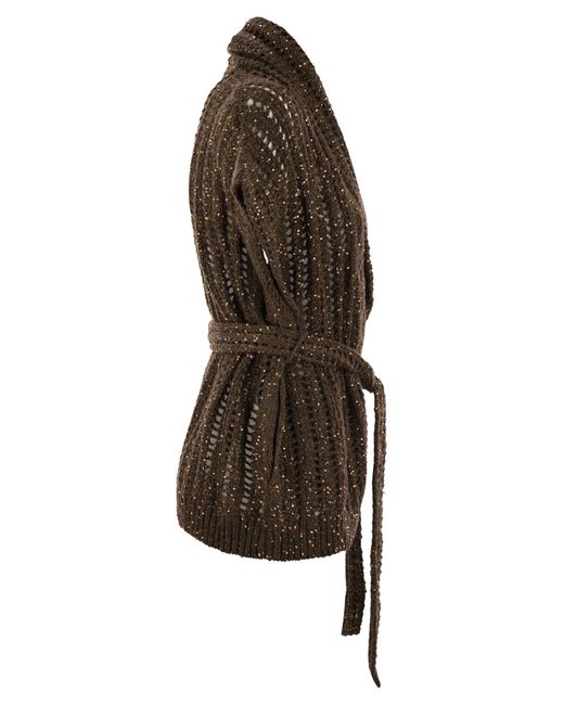 Brunello Cucinelli Brown Dazzling Silk And Linen Perforated Rib Cardigan