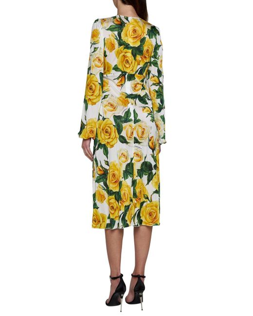 Dolce & Gabbana Yellow Rose Printed V-neck Dress