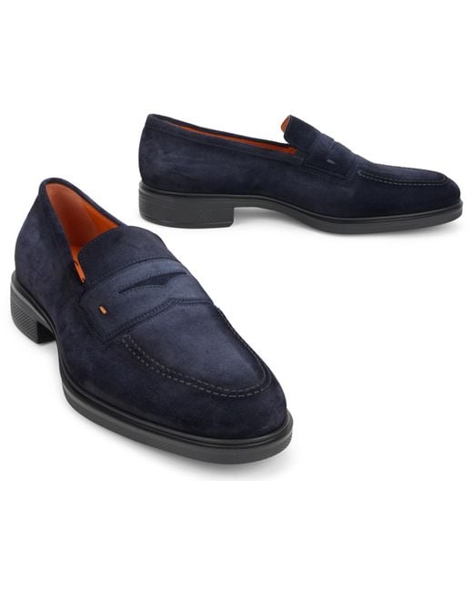 Santoni Blue Suede Loafers Calfskin for men