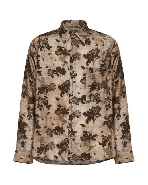 Uma Wang Brown Tan And Floral Moulay Tab Shirt for men
