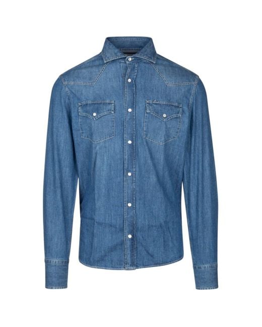 Brunello Cucinelli Blue Button-up Straight Hem Denim Shirt for men