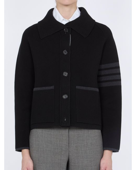 Thom Browne Black Veste Polo Col Double Piqûre En Coton Et Laine Mérinos À Rayures 4 Barres Jacket