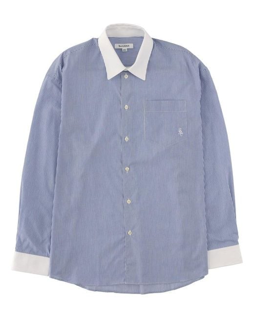 Sporty & Rich Blue Logo Striped Shirt Cotton
