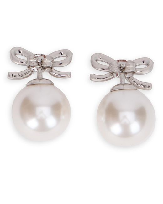 Self-Portrait White Button Earrings Crystal Bow Brass