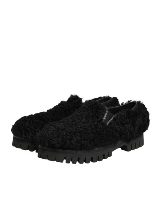 Dolce & Gabbana Dress Black Fur Leather Slippers Men Shoes for men