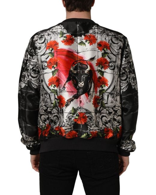 Dolce & Gabbana Red Majolica Bull Print Bomber Jacket Silk Clothing for men