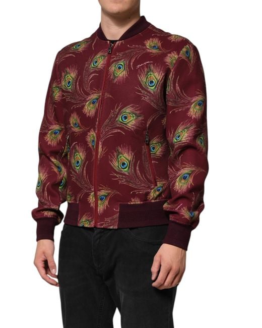 Dolce & Gabbana Red Peacock Feather Print Bomber Jacket Polyester Elastane Clothing for men