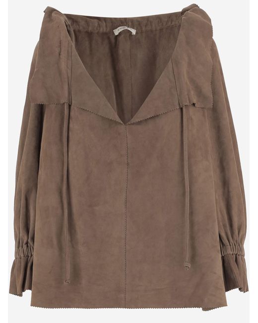 By Malene Birger Brown Suede Blouse With Ruffled Neckline Goat Leather Shirt
