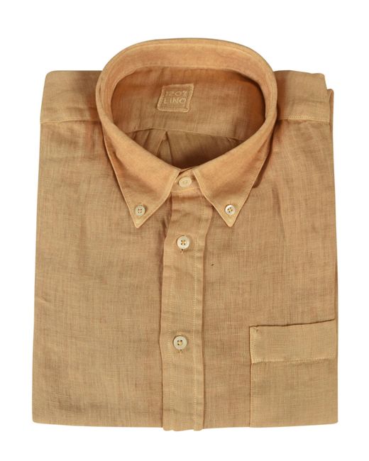 120% Lino Brown Regular Fit Button Down Shirt for men