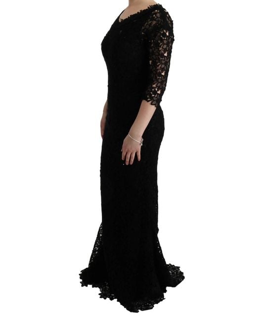 Dolce & Gabbana Black Lace Long Dress Slim Fit Round Neck