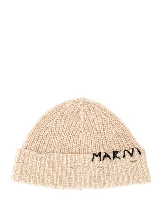 Marni Natural Beanie Hat With Mending Embroidery Virgin Wool Knit