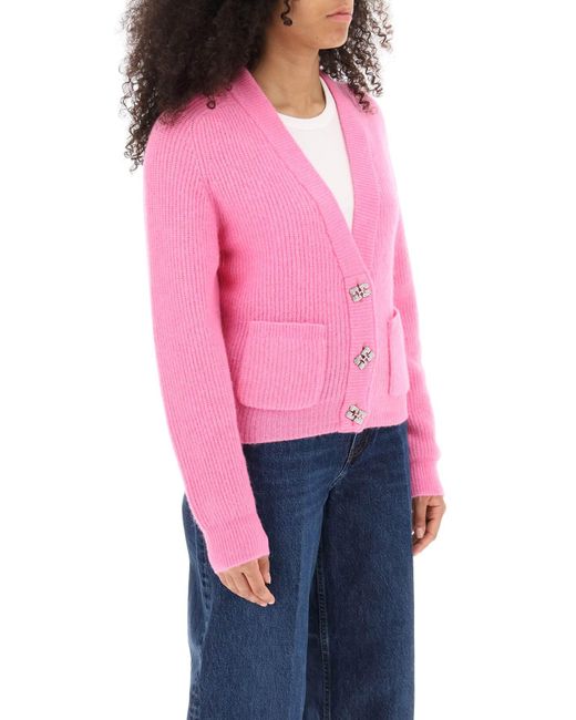 Ganni Pink Embellished Wool-blend Cardigan