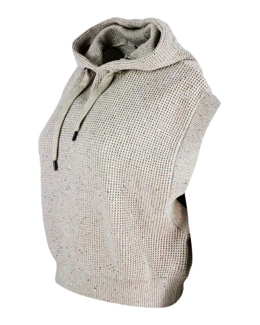 Brunello Cucinelli Cropped Sleeveless Sweater With Hood And Adjustable  Drawstring In Cotton With English Rib Knit Embellished With Sequins in Gray
